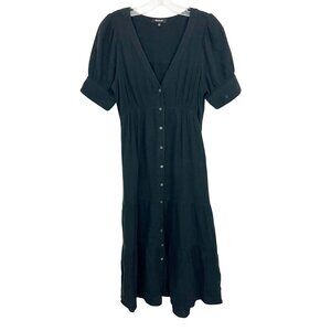 Madewell Lightspun Tiered Button Front Midi Dress Black Gauze V-Neck - Size 00
